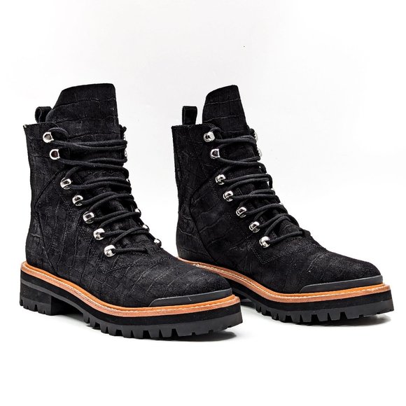 Marc Fisher Women Lizzie Black Croc Festival Combat Black Leather Boots sz 7.5 - Picture 1 of 12